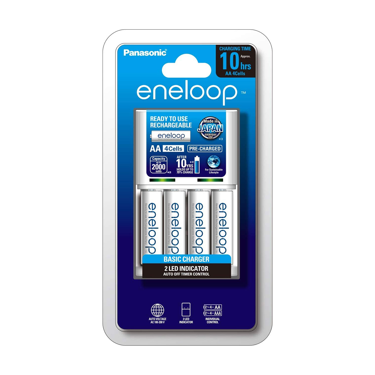 Panasonic, Eneloop AA NiMH 4-Pack with AC Charger (2000 mAh, 100-240V)